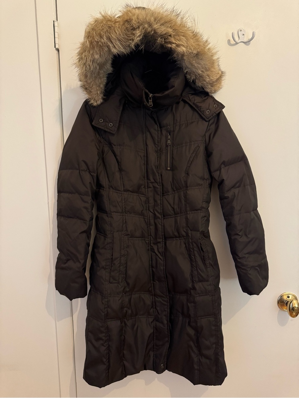 Marc New York Dark Brown Quilted Long Puffer Coat with Faux Fur Hood